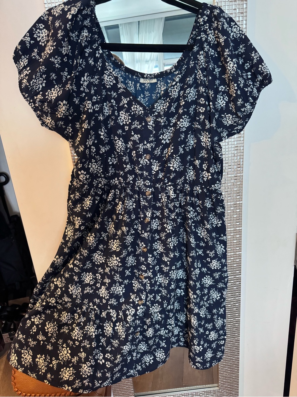 Navy Floral Button-Front Casual Dress